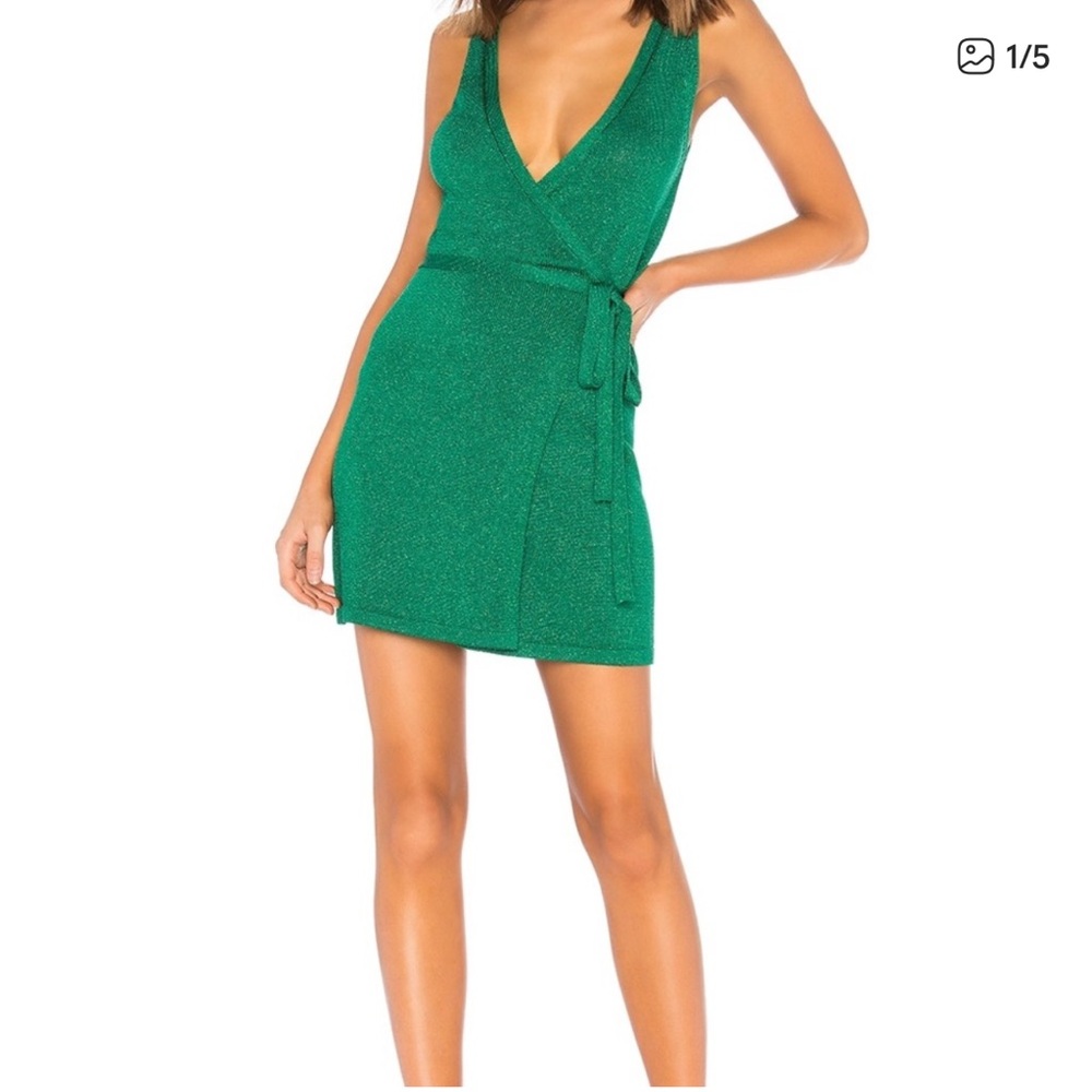 Lovers + Friends Green Metallic Knit Wrap Mini Sleeveless Dress Size‎ L NWT
